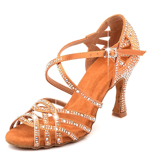 Damen Schuhe für den lateinamerikanischen Tanz Salsa Schuhe Tanzschuhe Leistung Innen Glitzer Kristall Pailletten Juwelen Absätze Peep Toe Schnalle Kreuzgurt Erwachsene Mandelfarben Schwarz Rot Image