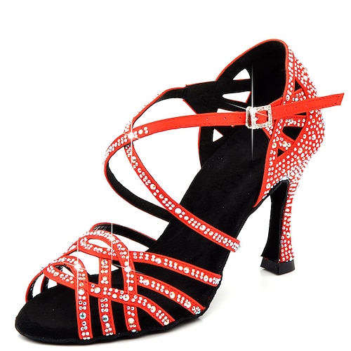 Damen Schuhe für den lateinamerikanischen Tanz Salsa Schuhe Tanzschuhe Leistung Innen Glitzer Kristall Pailletten Juwelen Absätze Peep Toe Schnalle Kreuzgurt Erwachsene Mandelfarben Schwarz Rot