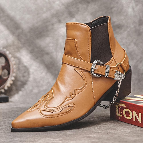 Schwarze Western-Motorradstiefel aus Leder für Herren – gesticktes Design mit Metallschnalle und Kette für Biker- und Modebekleidung Image