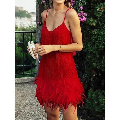 Damen Minikleid Paillettenkleid Fransenkleider Partykleid Federkleid Party Urlaub Hochzeitsgast Geschenk Normale Passform Einfach Ärmellos Spaghettiträger Weiß Rosa Rote Dunkelgrün Sommer Frühling Image