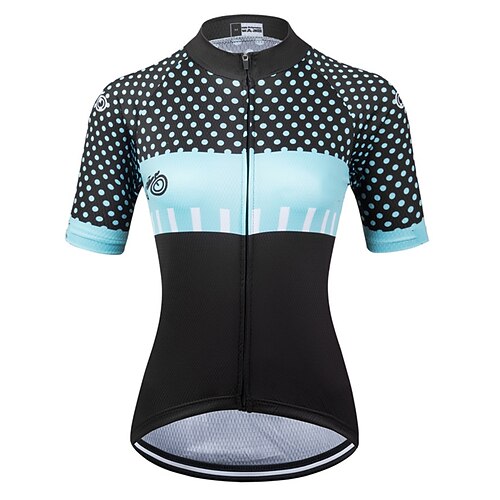 Damen Radtrikot Tupfen Kurzarm Fahhrad Trikot Oberteil mit 3 Gesäßtaschen Mountainbike MTB Straßenradsport Schnelltrocknend Reflektierende Streifen Rückentasche Feuchtigkeitsableitend Sport Schwarz Image