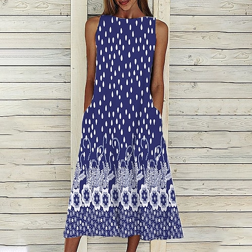 Damen Midi Kleid Freizeitkleid Shift Kleid Tank Kleid Polka Punkt Druck Rundhals Basic Alltag Urlaub Ärmellos Sommer Frühling Image