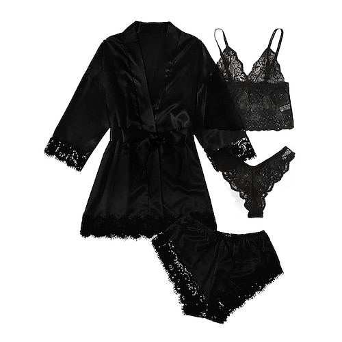Damen-Pyjama-Sets 4-teilig, reine Farbe, schlicht, lässig, weich, für zu Hause, tägliches Bett, Satin, atmungsaktiv, V-Draht, Langarm-Shorts, Sommer-Frühlings-Home-Outfits Image
