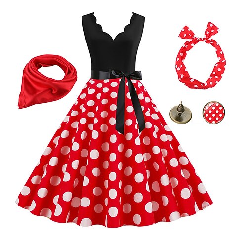 Damen A-Linien Rockabilly Kleid Polka-Dots Swing-Kleid Flair-Kleid mit Zubehörset 1950er Jahre Grease-Outfits 60er Retro Vintage mit Haarband Schal Ohrringe für Vintage Swing Party Kleid Image