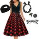 Damen-Rockabilly-Kleid in A-Linie, gepunktet, Swing-Kleid, ausgestelltes Kleid mit Zubehör-Set, 1950er-60er-Jahre, Retro-Vintage-Stil, mit Stirnband, Schal, Ohrringen, Katzenaugenbrille, 5 Stück für