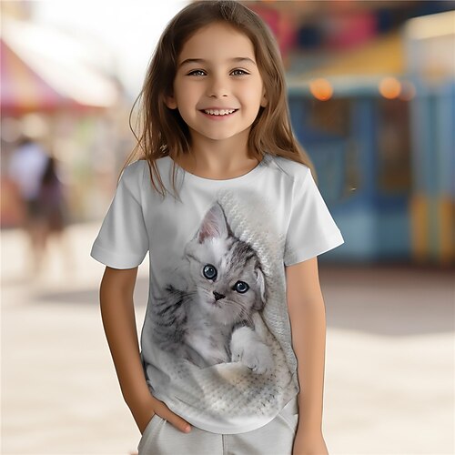 Mädchen 3D Katze T-Shirt Hemden Kurzarm 3D-Druck Sommer Aktiv Modisch Kuschelig Polyester kinderkleidung 3-12 Jahre Rundhalsausschnitt Outdoor Casual Täglich Regular Fit Image