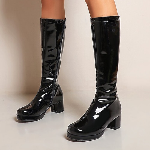 kniehohe Plateaustiefel aus weißem Lackleder mit seitlichem Reißverschluss - Vintage-Stiefel im 70er-Diskostil mit klobigem Absatz für Cosplay, Retromode und Events Image