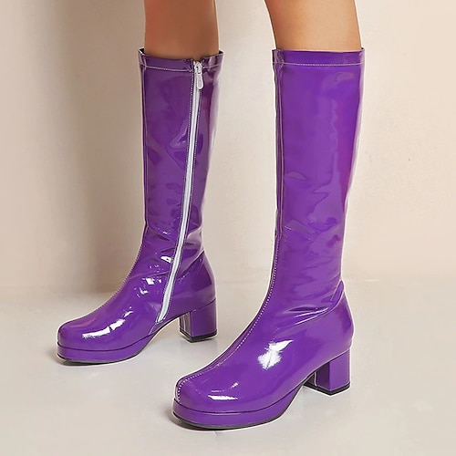 kniehohe Plateaustiefel aus weißem Lackleder mit seitlichem Reißverschluss - Vintage-Stiefel im 70er-Diskostil mit klobigem Absatz für Cosplay, Retromode und Events Image