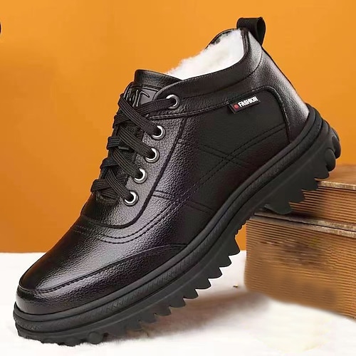 Braune Herren-Winterschuhe aus Leder mit Plüschfutter und rutschfester Sohle - warme, wasserdichte Schnürstiefel für den Außenbereich Image