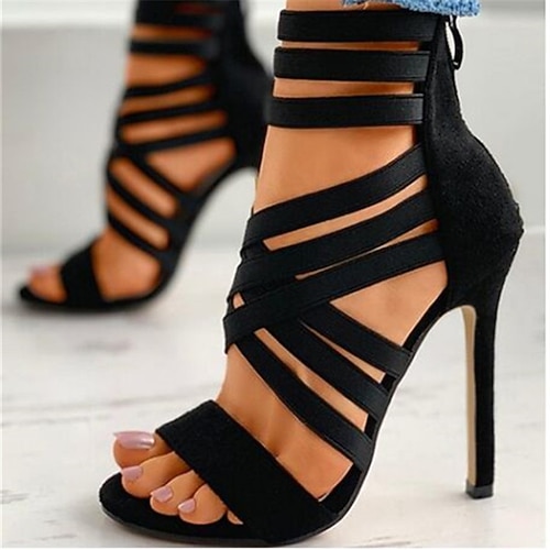Schwarze Riemchensandalen mit hohem Absatz für Damen – offene Zehenpartie, Stiletto-Design mit Reißverschluss hinten, perfekt für Partys, Hochzeiten und Abendveranstaltungen Image