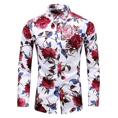 Herren Blumen Hemd Knopfhemd Langarm Vintage Designer Basic Täglich Ferien Frühling Herbst Kragen Druck Blau Schwarz Rote Image