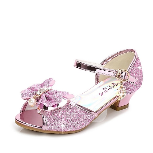 Blaue Glitzer-Prinzessinnenschuhe für Mädchen mit Schleife und Perlenanhänger – funkelnde Sandalen mit niedrigem Absatz für Partys, Hochzeiten und zum Ausgehen Image