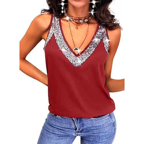 Damen Neckholder-Unterhemd Streetwear Metallic Lässig Glitzernd Pailletten Ärmellos Regelmäßige Tops V-Ausschnitt Party Urlaub Wochenende Schwarz Rot Blau Lila Image
