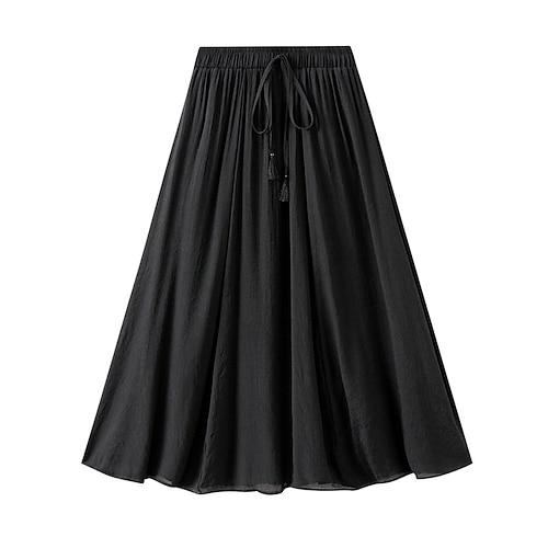 Damen Rock Leinenröcke Modisch Brautkleider schlicht Midi Hoher Taillenbund Röcke Einfarbig Kordelzug Casual Wochenende Schwarz Rosa Blau Khaki Sommer Baumwolle und Leinen