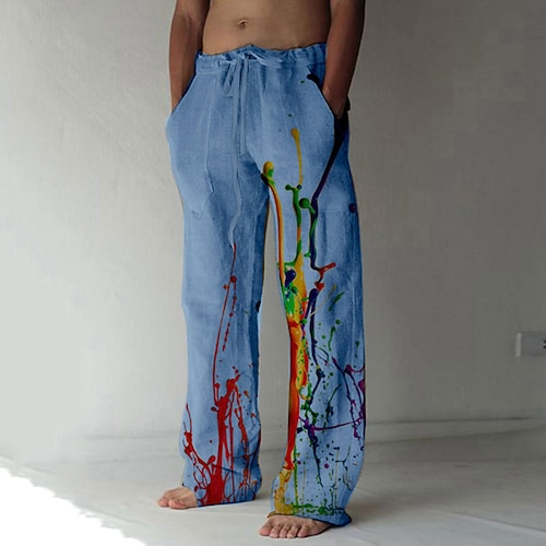 Herren Grafikdrucke Graffiti Leinenhosen Hose Sommerhose Mittlere Taille Mode Streetwear Lässig Täglich Kordelzug Elastischer Bund Fronttasche Frühling Sommer 3D-Druck Hellkaki Schwarz Weiß Image