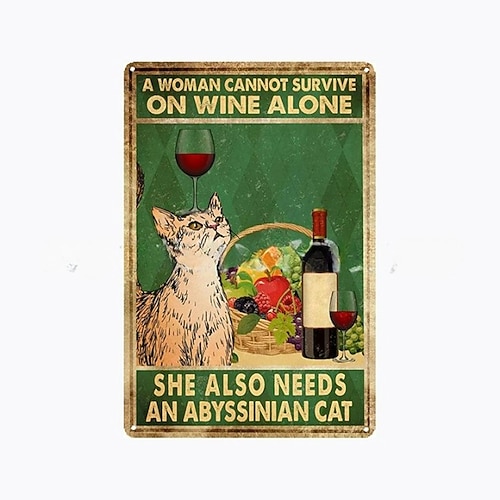 1 Stück Retro-Metall-Blechschild, Katze, Wein, Blechschild, Vintage-Küchenschilder, Wanddekoration, Malerei, Wandbehang für Heimdekoration, Wandkunst, Metall-Blechschild, 20 x 30 cm/8'' x 12'' Image