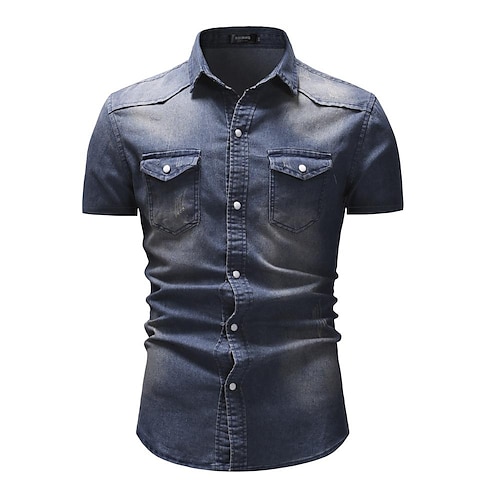Herren Hemd Chambray-Hemd Sommerhemd Jeanshemd Knopfhemd Cargohemd Hellblau Marineblau Hell Gray Dunkelgrau Kurzarm Einfach Umlegekragen Urlaub Straße Jeansstoff Bekleidung Denim Retro Lässig Image