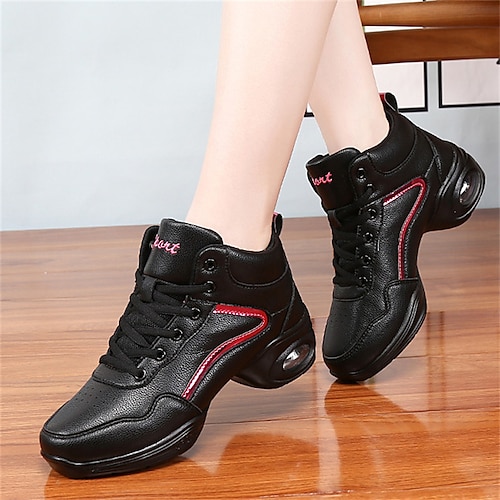 Damen Jazztanzschuhe Tanz-Turnschuh Line Dance Leistung Ausbildung Party Kunstleder-Müßiggänger Weicher Professionell Geteilte Sohle Starke Ferse Runde Zehe Schnürsenkel Junior Erwachsene Schwarzes Image