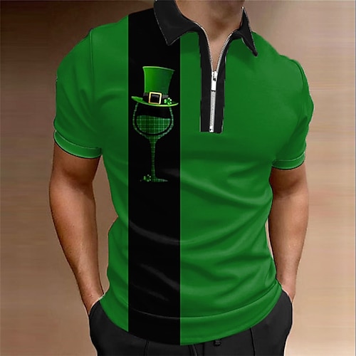 Männer Grafikdrucke Saint Patrick Day Weinglas St. Patrick's Day Kleeblatt Polo Polo Shirts Reißverschluss Polo Golfshirt Kurzarm Hemd Umgeklappt Legere Tägliche Grün Reißverschluss Druck Kleidung Image