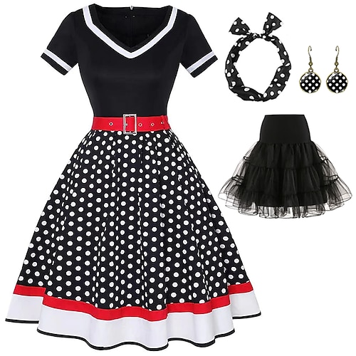 Retro Vintage 1950er Jahre Grease Outfits Rockabilly Petticoat Hoops Rock A-Linien Kleid Tutu Polka Dot Schickes Kleid Damen Party Abend Maskerade Erwachsenen Kleid Ohrringe Kopfschmuck Frühling Image