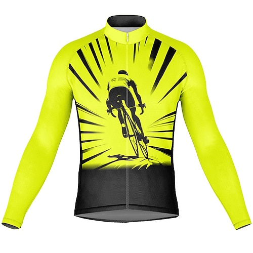 Herren Radtrikot Grafik Langarm Fahhrad Oberteil mit 3 Gesäßtaschen Mountainbike MTB Straßenradsport Schnelltrocknend Reflektierende Streifen Rückentasche Feuchtigkeitsableitend Sport Gelb Rot Orange Image