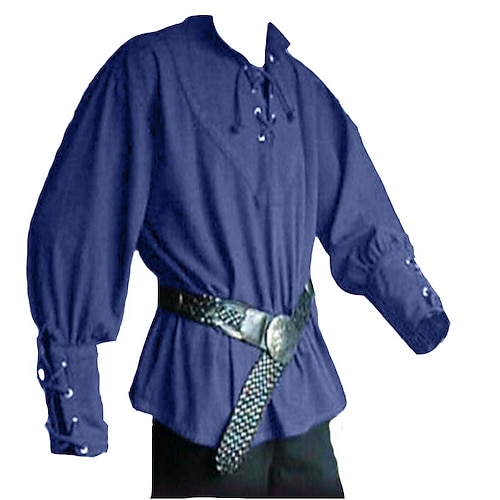 Punk Gothic Mittelalterlich Renaissance Bluse / Hemd Cosplay Kostüm Tunika Krieger Ritter Wikinger Keltischer Ritter Ranger Kordelzug Einfarbig Kostüm Herren Keltisch Seeräuber Halloween Maskerade Image
