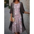 Absolventinnenkleid Midi-Kleid Zweiteiliges Kleid Set Lässiges Kleid Chiffon Kleid Druck Kleid Mode Modern Blumenmuster Halblanger Ärmel Rundhalsausschnitt Outdoor Urlaub Pink Blau Grün Frühling