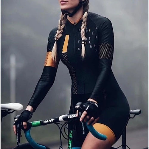 Damen Radtrikot mit Radhose fahrradbekleidung set Triathlonanzug Langarm MTB Mountain Rennrad Winter Schwarz Orange Rot Patchwork Fahhrad Sportkleidung Atmungsaktiv Rasche Trocknung Tasche auf Image