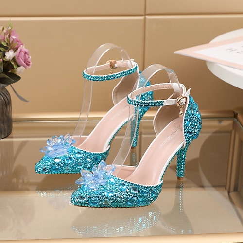 Lilafarbene High Heels mit Strasssteinen für Damen – elegante Kristall-Knöchelriemen-Hochzeitsschuhe Image