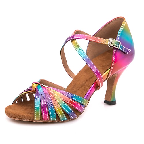 Regenbogen-Latein-Tanzschuhe für Damen mit Riemchendesign und Wildledersohle - farbenfrohe Ballsaal-Salsa-Absätze Image