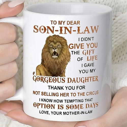1 Stück Löwe-Schwiegersohn-Kaffeetasse, 325 ml, Keramik-Kaffeetassen für meinen lieben Schwiegersohn, Wasserbecher von der Schwiegermutter, Sommer-Winter-Trinkgeschirr-Geschenke Image