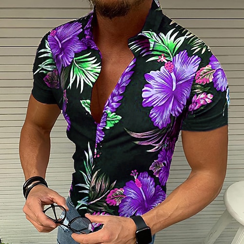 Herren Blumen Grafik Tropische Blumen Hemd Sommer Hawaiihemd Alohahemd Kurzarm Hemd Umlegekragen Designer Lässig Outdoor Party Lässig Blau Schwarz / Rot Purpur S M L Image
