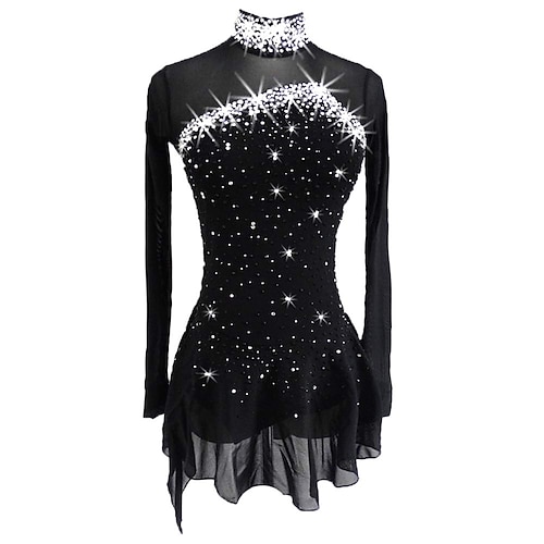 Eiskunstlaufkleid Damen Mädchen Eislaufen Kleider Schwarz elastisch Ausbildung Wettbewerb Eiskunstlaufkleidung warm Kristalle Langarm Eislaufen Eiskundstlauf Image