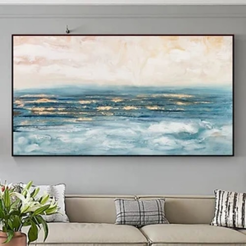 Handgefertigtes Ölgemälde auf Leinwand, Wandkunst, Dekoration, abstrakte Meereslandschaft, Strand, Ozean, für Wohnkultur, gerollt, rahmenlos, ungedehnt Image
