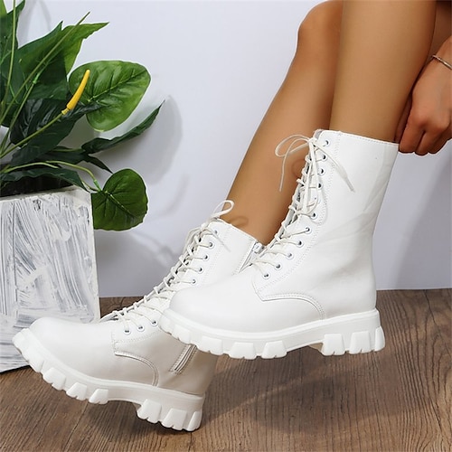 Weiße Damen-Kampfstiefel mit dicker Profilsohle, halbhohe Schnürstiefel für lässige Streetwear, Spaziergänge im Freien und Herbst-Winter-Outfits Image