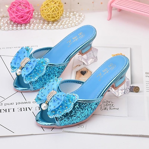 Glitzernde rosa Prinzessinnen-Pumps mit offener Spitze für Mädchen mit Schleifen- und Perlendetails – perfekt für Partys und zum Ausgehen Image