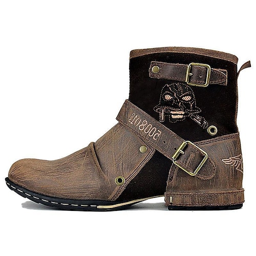 schwarze Motorradstiefel aus Leder für Herren mit Schnallenriemen und aufgesticktem Totenkopf-Design, langlebig und stilvoll für Biker und Freizeitkleidung Image
