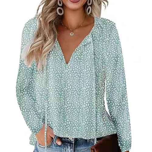 Damen Hemd Spitzenbluse Bluse Elegante Oberteile Schnürung Druck Leopard Tupfen Streetwear Lässig Langarm V Ausschnitt Normale Oberteile Lässig Täglich Ferien Blau Schwarz Hellgrün Rosa Wein Frühling Image