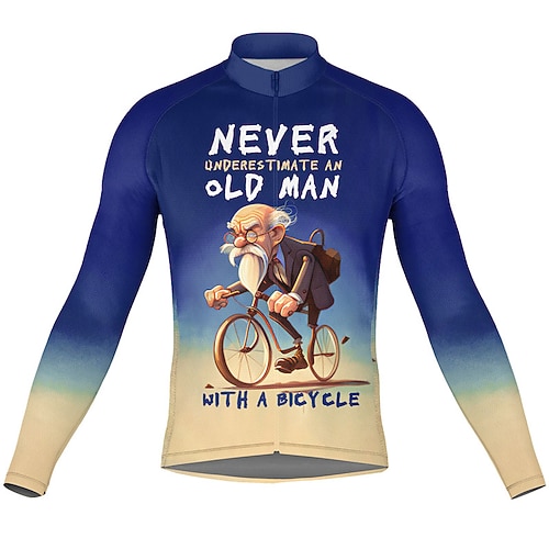 Herren Radtrikot Grafik Buchstaben Zahlen Unterschätze niemals einen alten Mann mit einem Fahrrad Langarm Fahhrad Trikot Oberteil mit 3 Gesäßtaschen Mountainbike MTB Straßenradsport Image