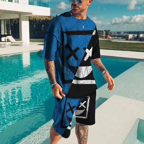 Herren Grafik Grimasse 2St T-Shirts-Sets Passende Sets Kurzarm Kurze Hosen Rundhalsausschnitt Designer Lässig Bequem Outdoor Urlaub Täglich 3D-Druck Frühling Sommer Hellgelb Dunkelgelb Schwarz und Image