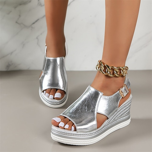 Silbermetallic-Sandalen mit offener Spitze und Keilabsatz für Damen mit Schnallenriemen – stilvoll und bequem für Sommerausflüge Image