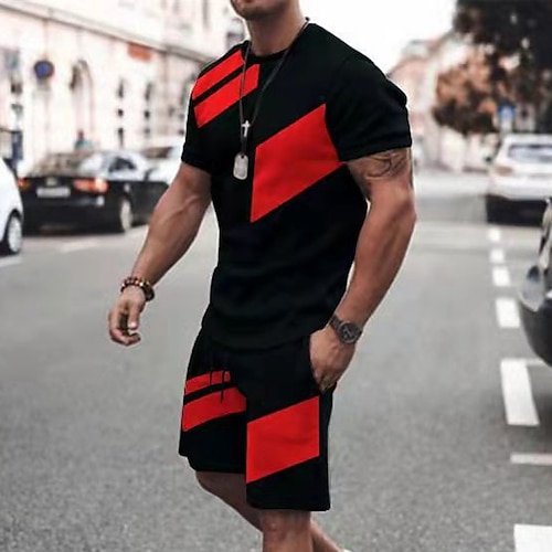 Herren T-Shirt Anzüge Trainingsanzug Tennishemd Shorts und T-Shirt-Set Kurzarm Rundhalsausschnitt Frühling Sommer Farbblock Sport Mode Designer 2 teilig Outdoor Straße Lässig Schwarz Rote Blau Top Image