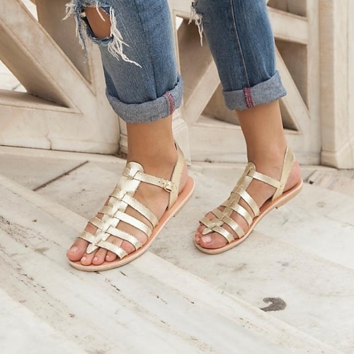 Damen Sandalen Römische Schuhe Täglich Strand Feste Farbe Sommer Flacher Absatz Runde Zehe Offene Spitze Vintage Klassisch Kunstleder PU Kunststoff Schnalle Hellbraun Schwarz Gold Image