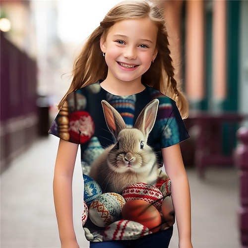 Ostern Mädchen 3D Hase Kaninchen T-Shirt Hemden Kurzarm 3D-Druck Sommer Aktiv Modisch Kuschelig kinderkleidung 3-12 Jahre Rundhalsausschnitt Outdoor Casual Täglich Regular Fit Image