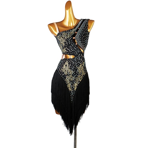 Tanz-Salsa-Latin-Tanzkleid mit Fransen, Quaste, geteilte Verbindung, Kristalle / Wettkampfkleid, Strasssteine, Damen-Performance, ärmellos, Chinlon Image