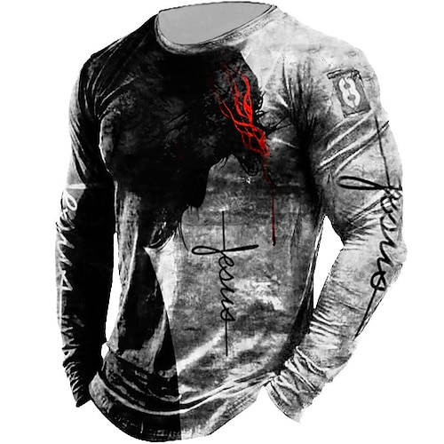 Herren Tiermotiv Templer Kreuz Grafikdrucke T Shirt Verwaschenes T-Shirt Langarm T-Shirt 3D-Druck Rundhalsausschnitt Hemd Vintage Designer Leicht Outdoor Täglich Ferien Gelb Rote Blau Frühling Image