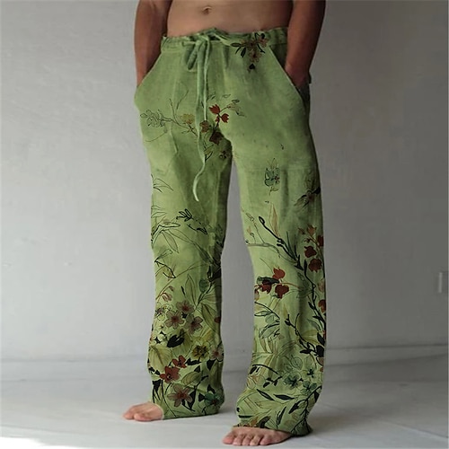 Herren Hose Hosen Sommerhosen Strandhose Elastisches Kordelzugdesign Vordertasche Gerade geschnitten Grafik-Drucke Blume Komfort Weich Casual Täglich Für die Ferien Leinenähnlicher Stoff Modisch Image