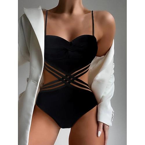 Damen Normal Badeanzug Ein Stück Monokini Wickeln Bademode Ausgeschnitten Strandbekleidung Sommer Glatt Ärmellos Badeanzüge