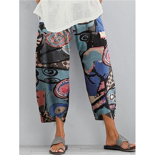 Damen Kunstbaumwollleinen Weites Bein Sommerhose Hosen Hose Vintage Ethno-Stil Ethnisch Knöchellang Hohe Taille Farbblock Abstrakt Tasche Elastischer Bund Druck Komfort Atmungsaktivität Weich Image