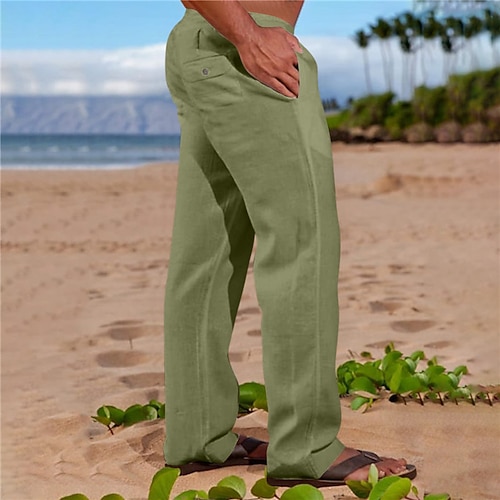 Herren Leinenhosen Hose Sommerhose Tasche Einfach Komfort Atmungsaktiv Outdoor Täglich Ausgehen Mode Streetwear Schwarz Weiß Image